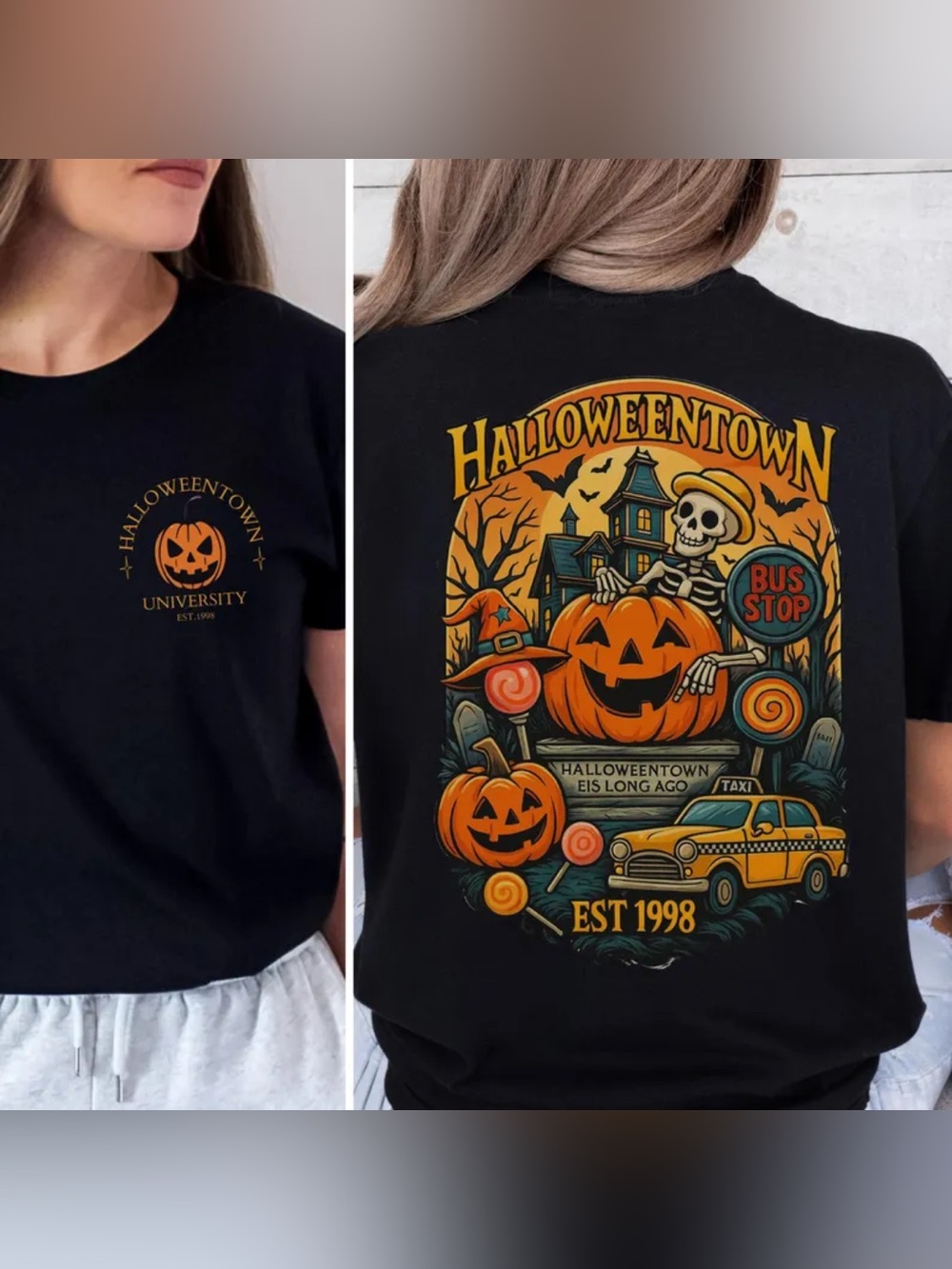 Halloween Town Tour University Graphic Tee, Pumpkin and Skeleton print Shirt